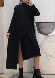 Cute black Sweater dress outfit plus size side open asymmetric oversized fall knit top - SooLinen