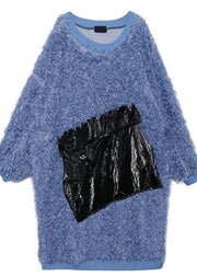 Cute blue Sweater weather plus size o neck tassel Big sweater dresses - SooLinen
