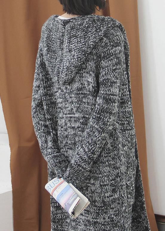 Cute fall knitted coat casual gray hooded pockets sweater coat - SooLinen