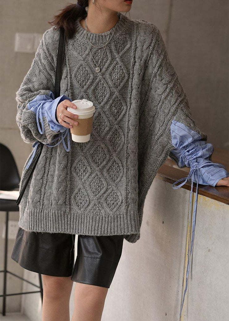 Cute gray knitted blouse casual o neck patchwork clothes For Women - SooLinen