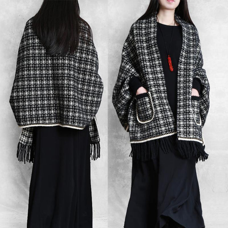 Cute knitwear trendy plus size black Batwing Sleeve Tassel knit coats - SooLinen