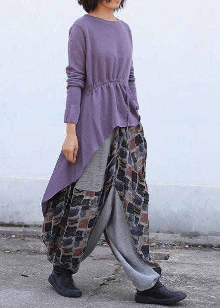 Cute purple clothes trendy plus size o neck knitted blouse drawstring asymmetric - SooLinen