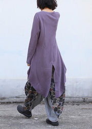 Cute purple clothes trendy plus size o neck knitted blouse drawstring asymmetric - SooLinen