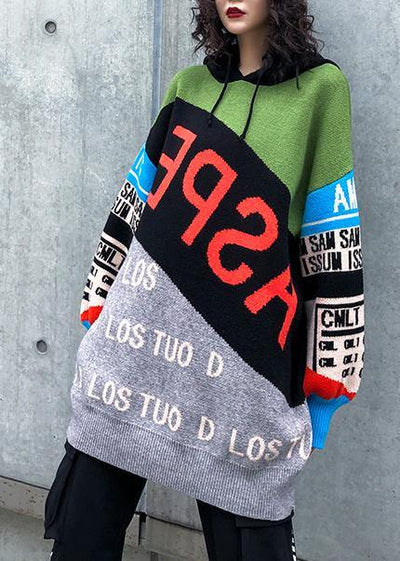 Cute winter patchwork prints knitwear plus size hooded knitted t shirt - SooLinen