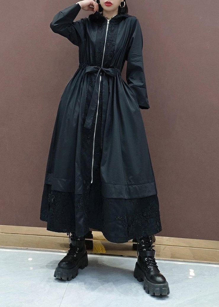 DIY Black Embroidery Plus Size Tunic Coats Inspiration Hooded Spring Coat - SooLinen