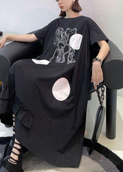 DIY Black O Neck Print Maxi Dress Short Sleeve - SooLinen