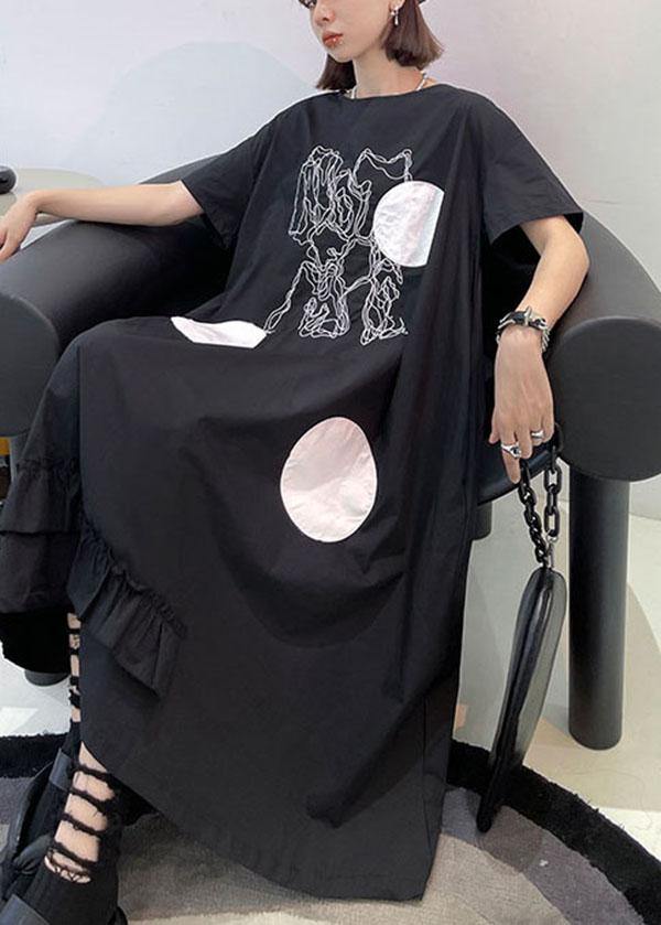 DIY Black O Neck Print Maxi Dress Short Sleeve - SooLinen