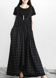 DIY Black Plaid Italian Cotton V Neck Vacation Dresses - SooLinen