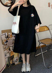 DIY Black Short Sleeve Cotton Sun flower Summer Dresses - SooLinen