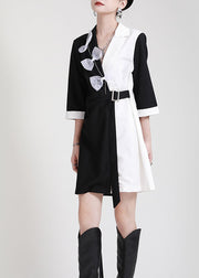 DIY Black White Patchwork PeterPan Collar Bow Sashes Fall Dress Half Sleeve