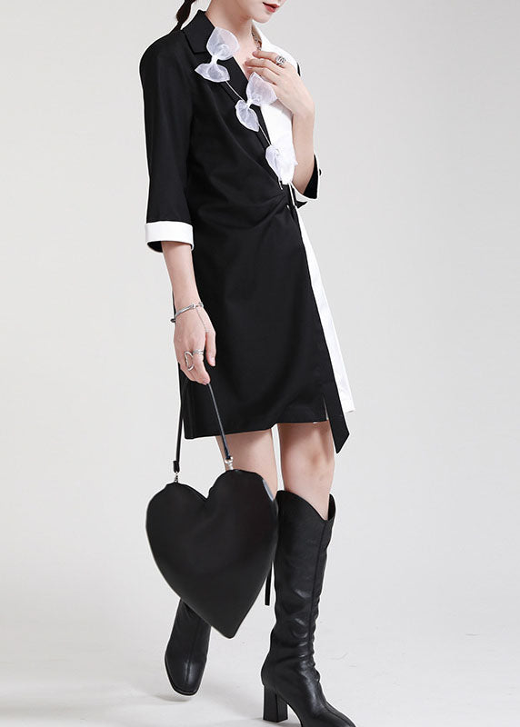 DIY Black White Patchwork PeterPan Collar Bow Sashes Fall Dress Half Sleeve