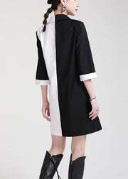 DIY Black White Patchwork PeterPan Collar Bow Sashes Fall Dress Half Sleeve