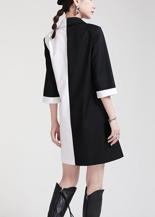 DIY Black White Patchwork PeterPan Collar Bow Sashes Fall Dress Half Sleeve
