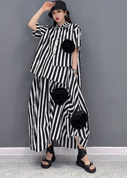 DIY Black White Striped Asymmetrical Floral Cotton Two Pieces Set Summer