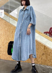 DIY Blue Hollow Out Cotton Pockets Button Summer Maxi Dresses - SooLinen