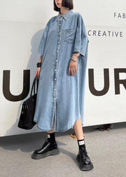 DIY Blue Hollow Out Cotton Pockets Button Summer Maxi Dresses - SooLinen