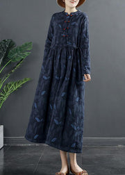 DIY Blue Print Dresses Stand Collar A Line Dress - SooLinen