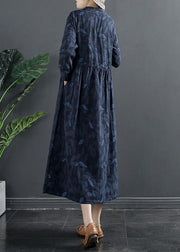DIY Blue Print Dresses Stand Collar A Line Dress - SooLinen