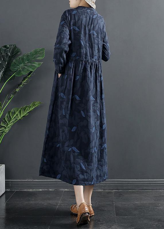 DIY Blue Print Dresses Stand Collar A Line Dress - SooLinen