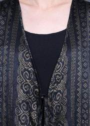 DIY Green Print side open silk Loose Long Cardigans - SooLinen