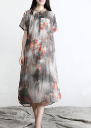 DIY Grey Print Silk Pockets Summer Vacation Dresses - SooLinen