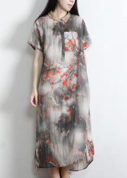 DIY Grey Print Silk Pockets Summer Vacation Dresses - SooLinen