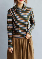 DIY High Neck  cotton Spring Blouses For Women Shirts Striped  tops - SooLinen
