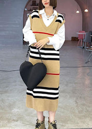 DIY Khaki V Neck Striped Fall Knit Sweater Dress - SooLinen