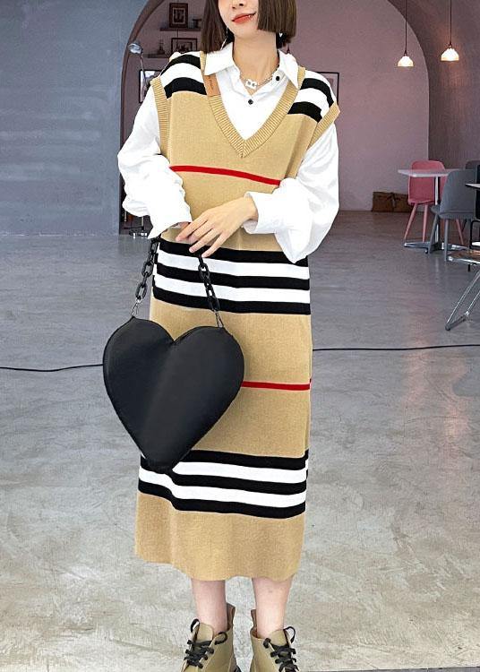 DIY Khaki V Neck Striped Fall Knit Sweater Dress - SooLinen
