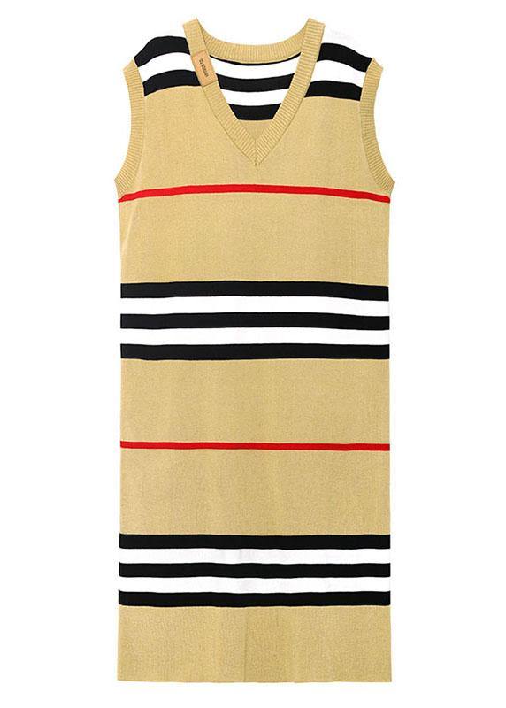 DIY Khaki V Neck Striped Fall Knit Sweater Dress - SooLinen