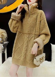 DIY Khaki Zip Up Fuzzy Fur Flauschiges Strickoberteil Winter