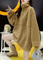 DIY Khaki Zip Up Fuzzy Fur Flauschiges Strickoberteil Winter
