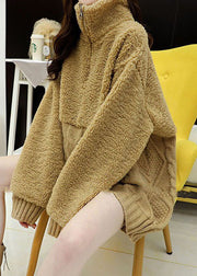 DIY Khaki Zip Up Fuzzy Fur Flauschiges Strickoberteil Winter