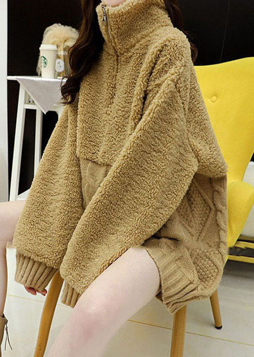 DIY Khaki Zip Up Fuzzy Fur Flauschiges Strickoberteil Winter