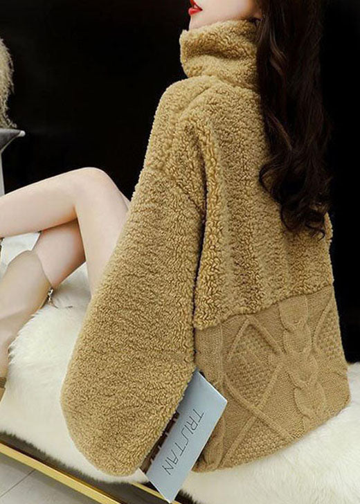 DIY Khaki Zip Up Fuzzy Fur Flauschiges Strickoberteil Winter