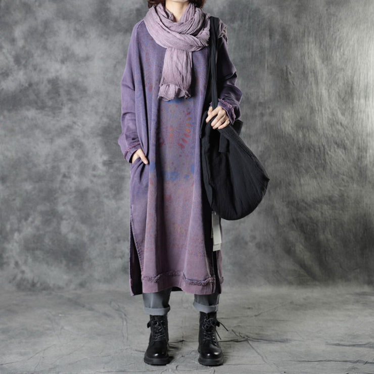 DIY Purple O-Neck side Open Print Fall Dress Long Sleeve