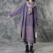 DIY Purple O-Neck side Open Print Fall Dress Long Sleeve