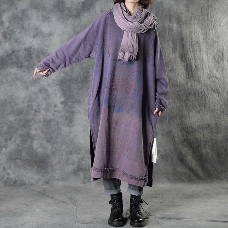 DIY Purple O-Neck side Open Print Fall Dress Long Sleeve