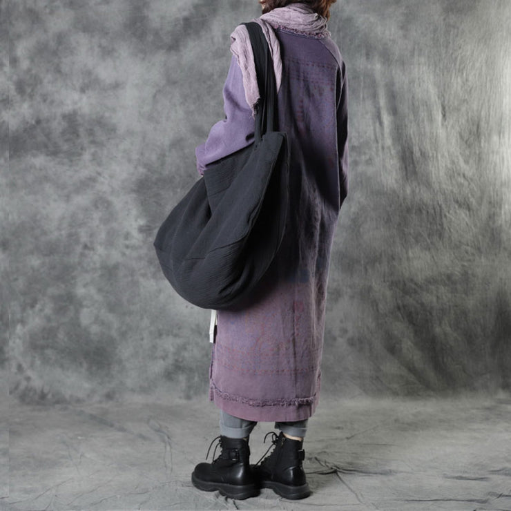DIY Purple O-Neck side Open Print Fall Dress Long Sleeve