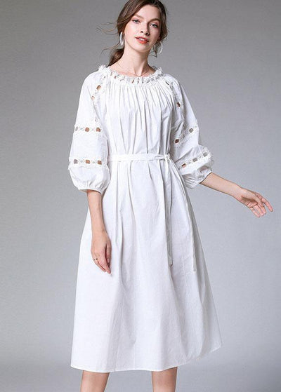 DIY White Slash Necktie Waist Cotton Fall Long Dress Half Sleeve - SooLinen