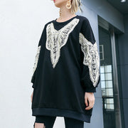 Tunika aus schwarzer Baumwolle zum Selbermachen, feine Inspiration, O-Nacken-Stickerei, Plus Size Clothing Shirt