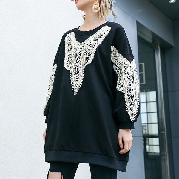 Tunika aus schwarzer Baumwolle zum Selbermachen, feine Inspiration, O-Nacken-Stickerei, Plus Size Clothing Shirt