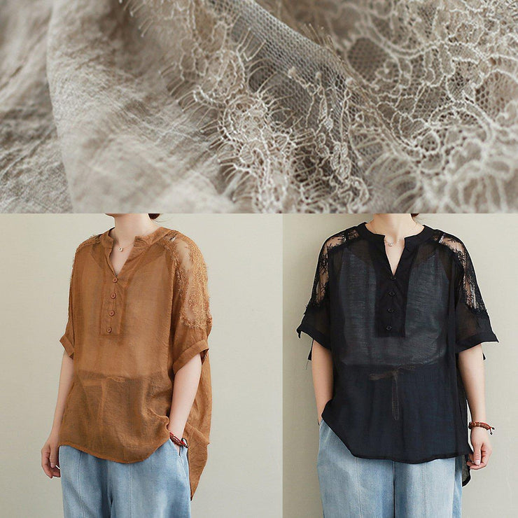 DIY black lace Shirts v neck Plus Size Clothing blouse - SooLinen