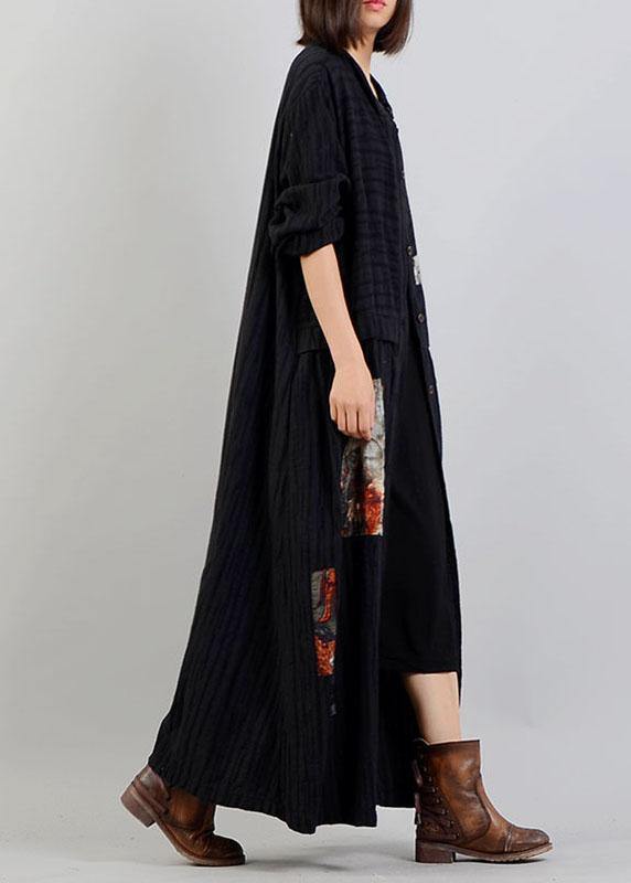 DIY black linen cotton coat patchwork Cinched cotton robes fall coat - SooLinen