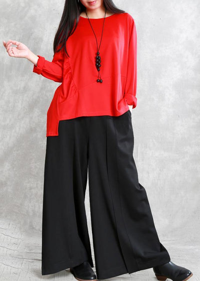 DIY black pants Thinelastic waist asymmetric pattern pants - SooLinen