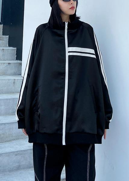 DIY black striped Fine tunic pattern Inspiration stand collar zippered  outwear - SooLinen