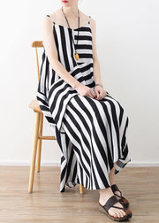 DIY black striped quilting dresses Spaghetti Strap asymmetric Plus Size Dresses - SooLinen