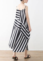 DIY black striped quilting dresses Spaghetti Strap asymmetric Plus Size Dresses - SooLinen