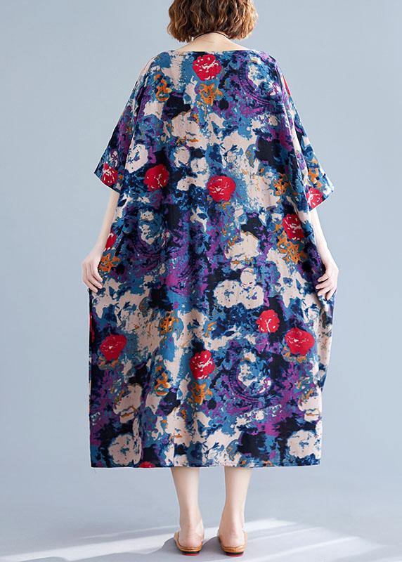 DIY blue prints linen Long Shirts o neck Love summer Dresses - SooLinen