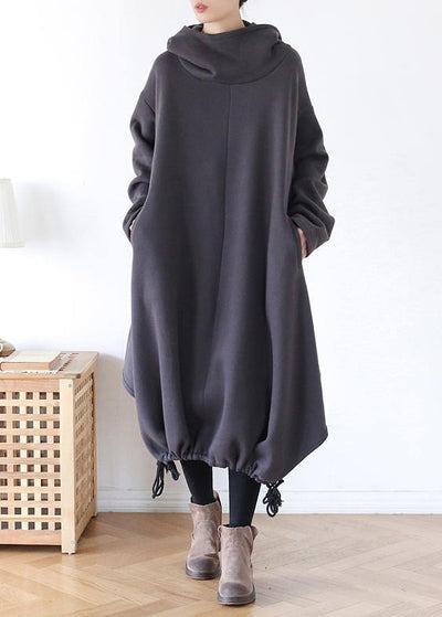 DIY gray cotton tunic pattern hooded asymmetric cotton Dress - SooLinen